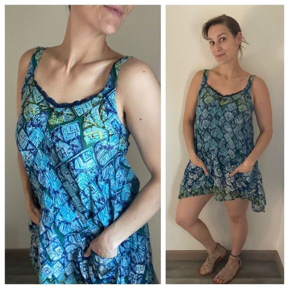 Free People Mini Dress Oversized Trapeze Blue Green Triangle Print - Picture 2 of 12